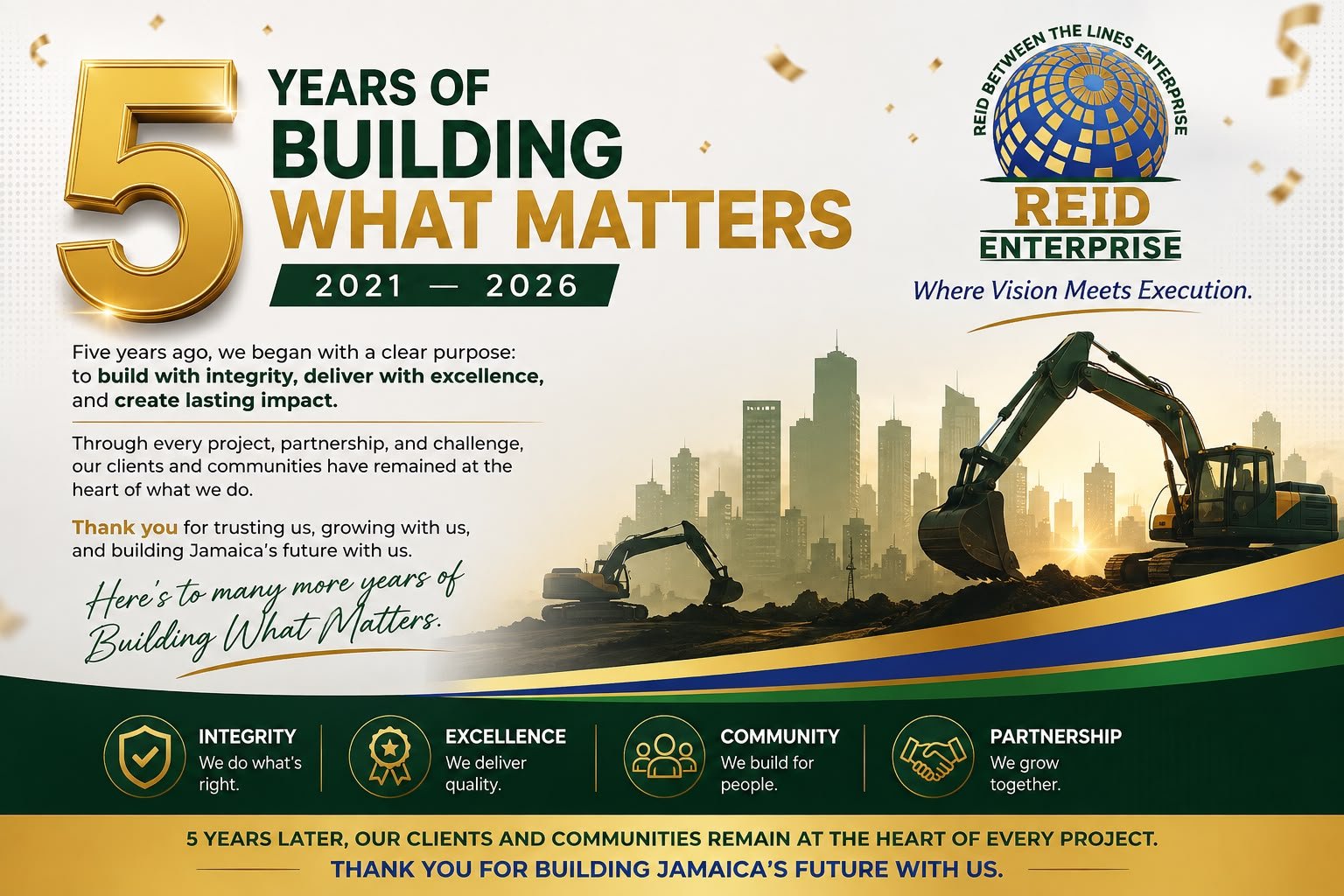 Reid Enterprise celebrates five years of building what matters, 2021–2026.